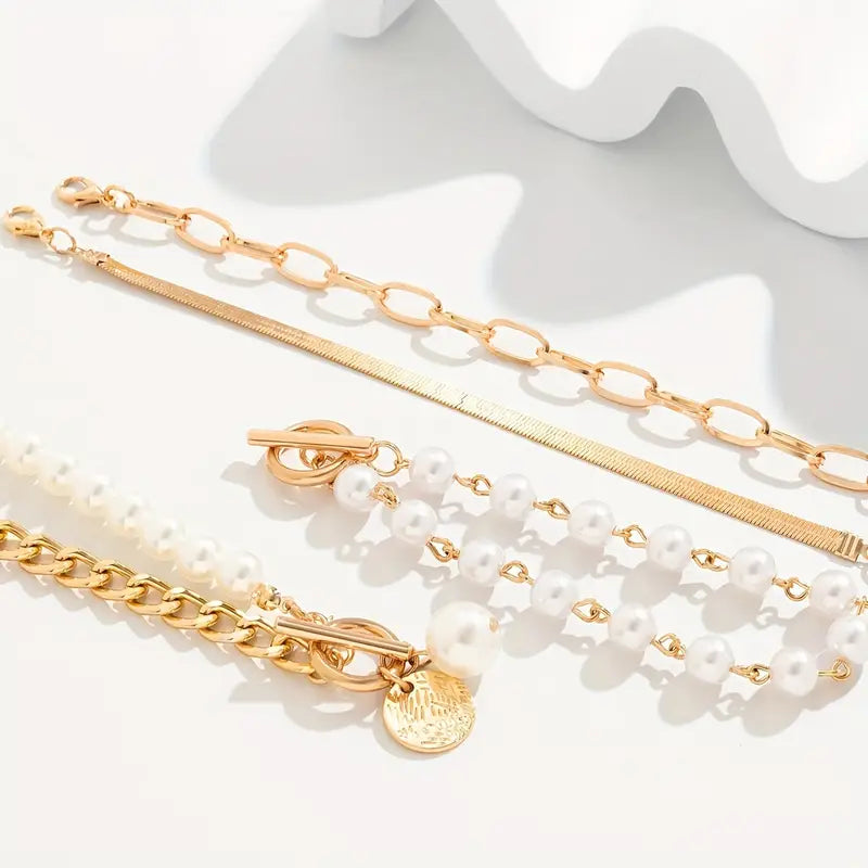 Zestaw bransoletek Chic Gold 4 szt. - Wąż, Perły i Ogniwa | Złoto