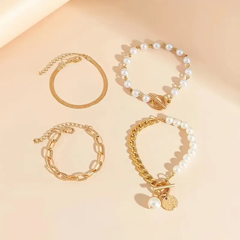 Zestaw bransoletek Chic Gold 4 szt. - Wąż, Perły i Ogniwa | Złoto