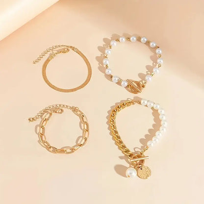 Zestaw bransoletek Chic Gold 4 szt. - Wąż, Perły i Ogniwa | Złoto