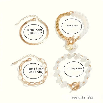 Zestaw bransoletek Chic Gold 4 szt. - Wąż, Perły i Ogniwa | Złoto